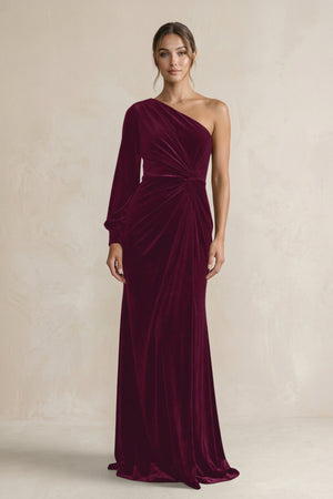 Velvet One Shoulder Sheath Long Sleeve Bridesmaid Dress in Sangria - KISS BRIDAL Bridesmaid Dresses
