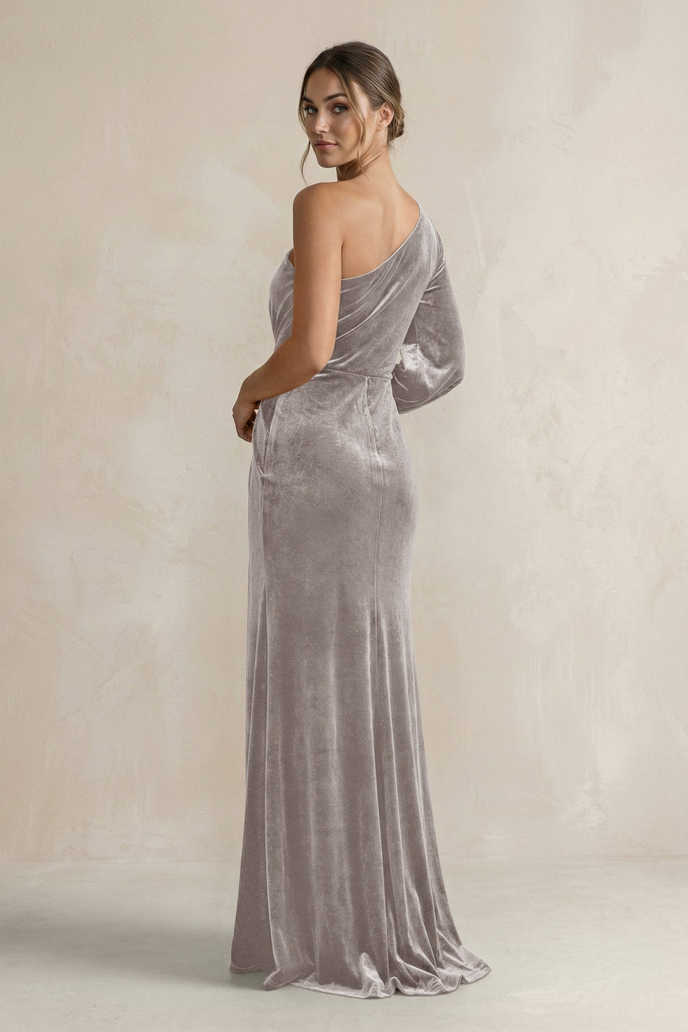 Velvet One Shoulder Sheath Long Sleeve Bridesmaid Dress in Silver - KISS BRIDAL Bridesmaid Dresses