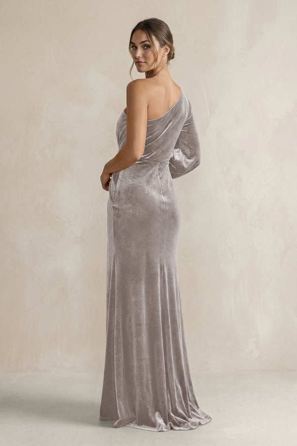 Velvet One Shoulder Sheath Long Sleeve Bridesmaid Dress in Silver - KISS BRIDAL Bridesmaid Dresses