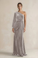 Velvet One Shoulder Sheath Long Sleeve Bridesmaid Dress in Silver - KISS BRIDAL Bridesmaid Dresses