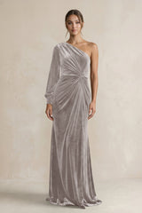 Velvet One Shoulder Sheath Long Sleeve Bridesmaid Dress in Silver - KISS BRIDAL Bridesmaid Dresses