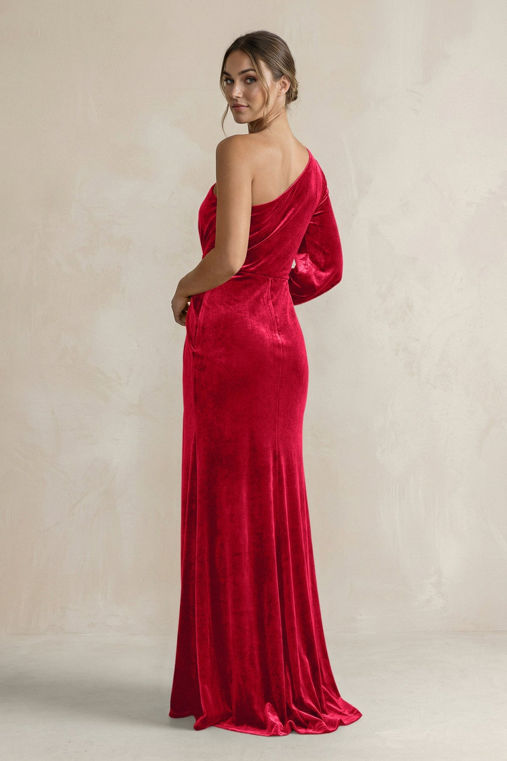Velvet One Shoulder Sheath Long Sleeve Bridesmaid Dress in Spice - KISS BRIDAL Bridesmaid Dresses