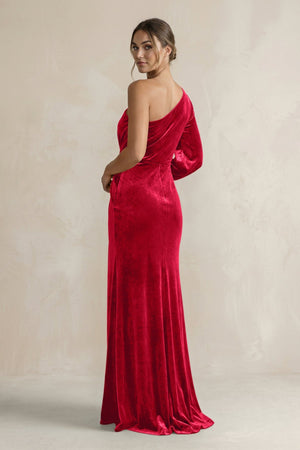 Velvet One Shoulder Sheath Long Sleeve Bridesmaid Dress in Spice - KISS BRIDAL Bridesmaid Dresses