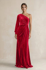 Velvet One Shoulder Sheath Long Sleeve Bridesmaid Dress in Spice - KISS BRIDAL Bridesmaid Dresses