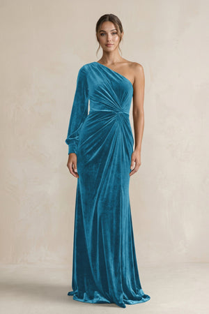 Velvet One Shoulder Sheath Long Sleeve Bridesmaid Dress in Steel Blue - KISS BRIDAL Bridesmaid Dresses