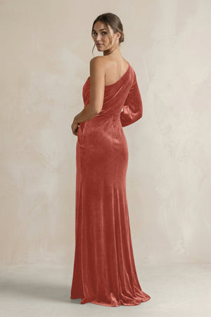 Velvet One Shoulder Sheath Long Sleeve Bridesmaid Dress in Terracotta - KISS BRIDAL Bridesmaid Dresses