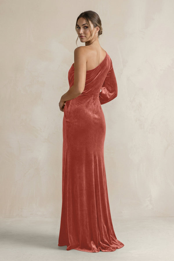 Velvet One Shoulder Sheath Long Sleeve Bridesmaid Dress in Terracotta - KISS BRIDAL Bridesmaid Dresses