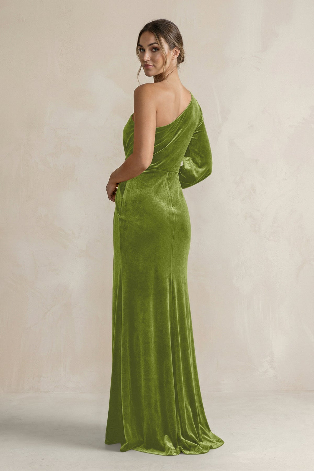 Velvet One Shoulder Sheath Long Sleeve Bridesmaid Dress in Thyme - KISS BRIDAL Bridesmaid Dresses