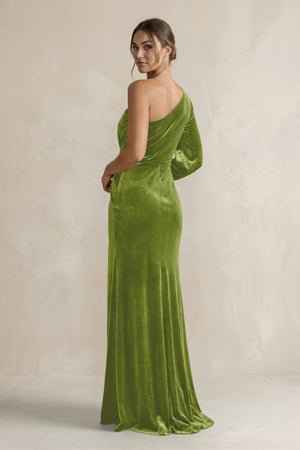 Velvet One Shoulder Sheath Long Sleeve Bridesmaid Dress in Thyme - KISS BRIDAL Bridesmaid Dresses