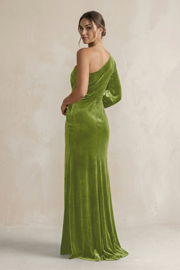 Velvet One Shoulder Sheath Long Sleeve Bridesmaid Dress in Thyme - KISS BRIDAL Bridesmaid Dresses