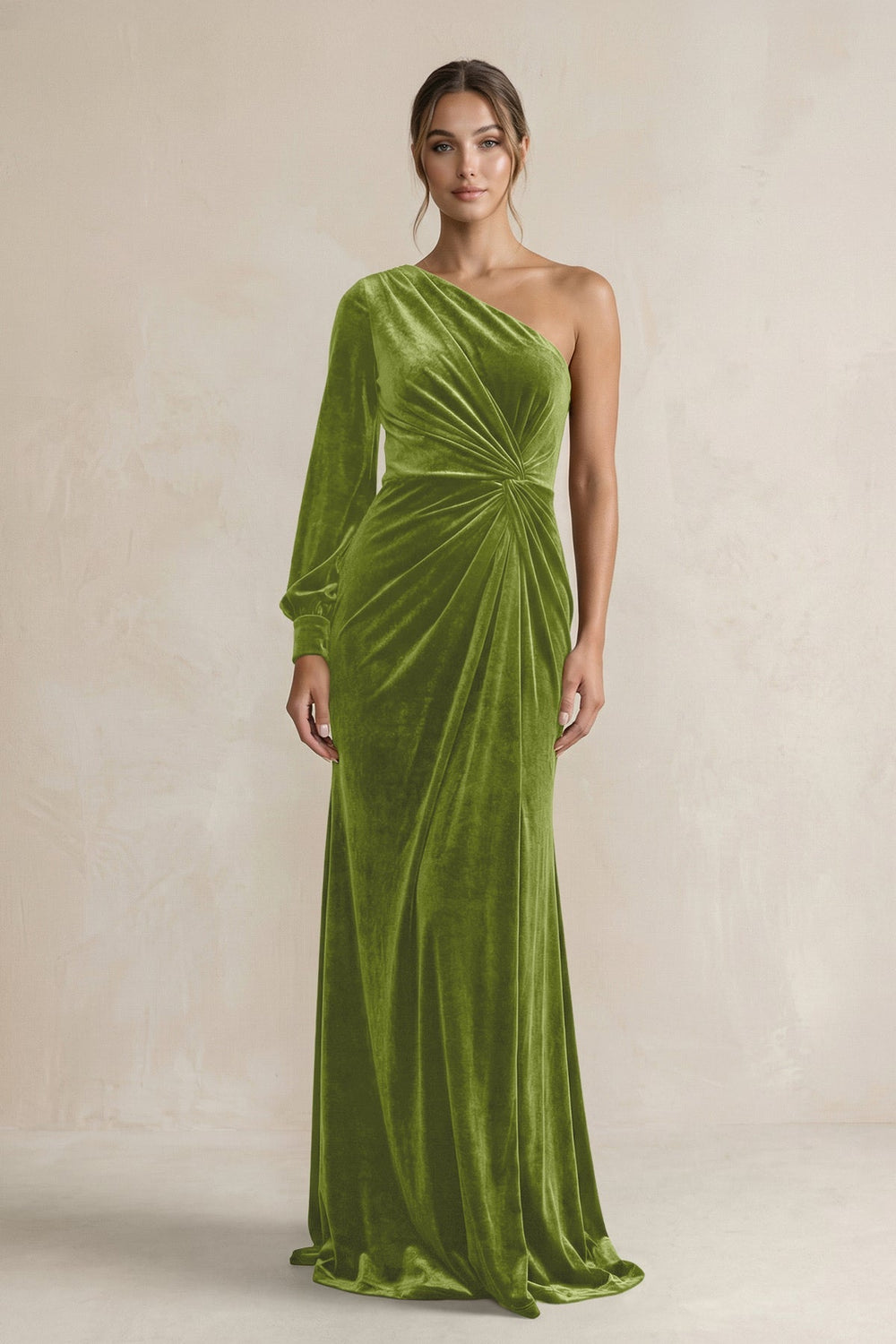 Velvet One Shoulder Sheath Long Sleeve Bridesmaid Dress in Thyme - KISS BRIDAL Bridesmaid Dresses