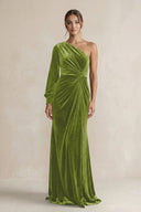 Velvet One Shoulder Sheath Long Sleeve Bridesmaid Dress in Thyme - KISS BRIDAL Bridesmaid Dresses