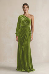 Velvet One Shoulder Sheath Long Sleeve Bridesmaid Dress in Thyme - KISS BRIDAL Bridesmaid Dresses