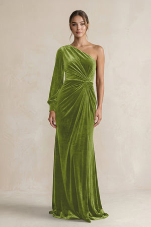 Velvet One Shoulder Sheath Long Sleeve Bridesmaid Dress in Thyme - KISS BRIDAL Bridesmaid Dresses