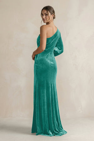 Velvet One Shoulder Sheath Long Sleeve Bridesmaid Dress in Turquoise - KISS BRIDAL Bridesmaid Dresses
