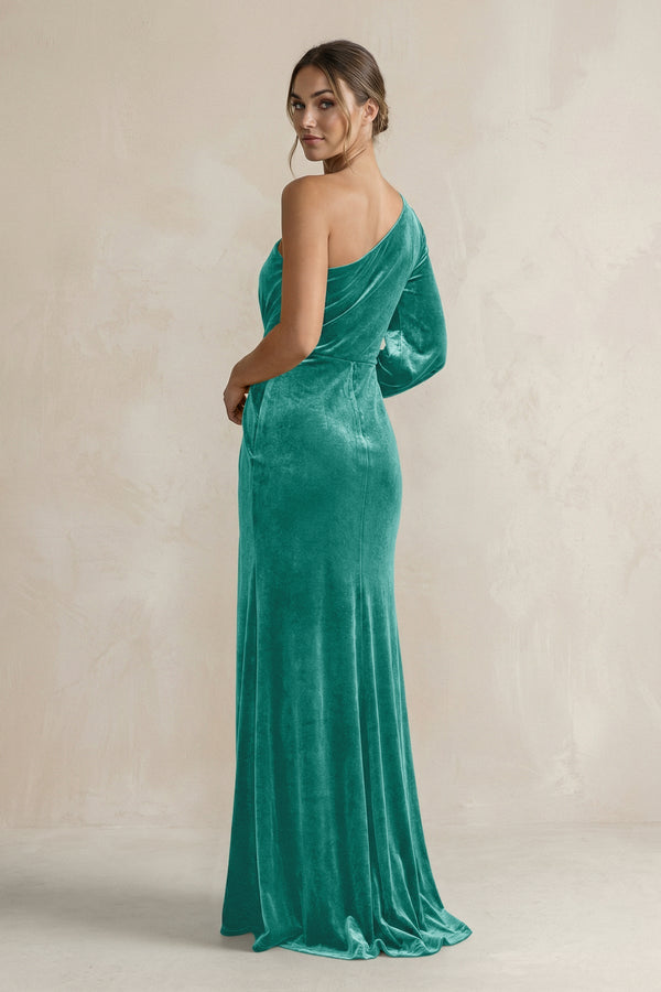 Velvet One Shoulder Sheath Long Sleeve Bridesmaid Dress in Turquoise - KISS BRIDAL Bridesmaid Dresses