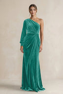 Velvet One Shoulder Sheath Long Sleeve Bridesmaid Dress in Turquoise - KISS BRIDAL Bridesmaid Dresses