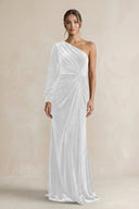 Velvet One Shoulder Sheath Long Sleeve Bridesmaid Dress in White - KISS BRIDAL Bridesmaid Dresses