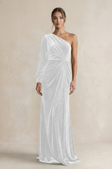 Velvet One Shoulder Sheath Long Sleeve Bridesmaid Dress in White - KISS BRIDAL Bridesmaid Dresses