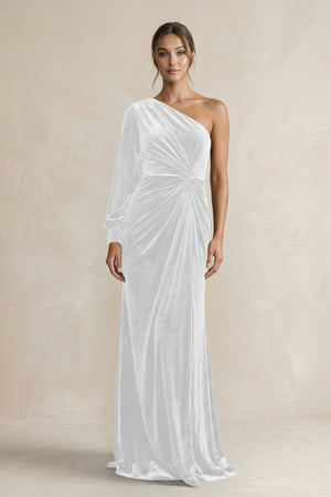 Velvet One Shoulder Sheath Long Sleeve Bridesmaid Dress in White - KISS BRIDAL Bridesmaid Dresses