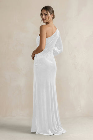 Velvet One Shoulder Sheath Long Sleeve Bridesmaid Dress in White - KISS BRIDAL Bridesmaid Dresses