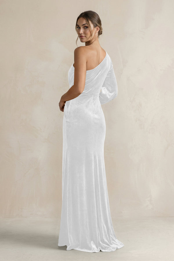 Velvet One Shoulder Sheath Long Sleeve Bridesmaid Dress in White - KISS BRIDAL Bridesmaid Dresses