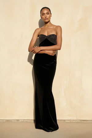 Velvet Strapless Beaded Gown in Black - SHE IS ME
