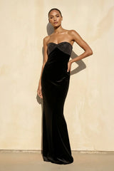 Velvet Strapless Beaded Gown in Black - KISS BRIDAL