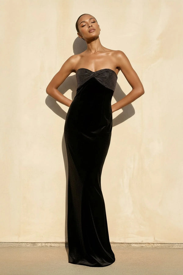 Velvet Strapless Beaded Gown in Black - SHE IS ME