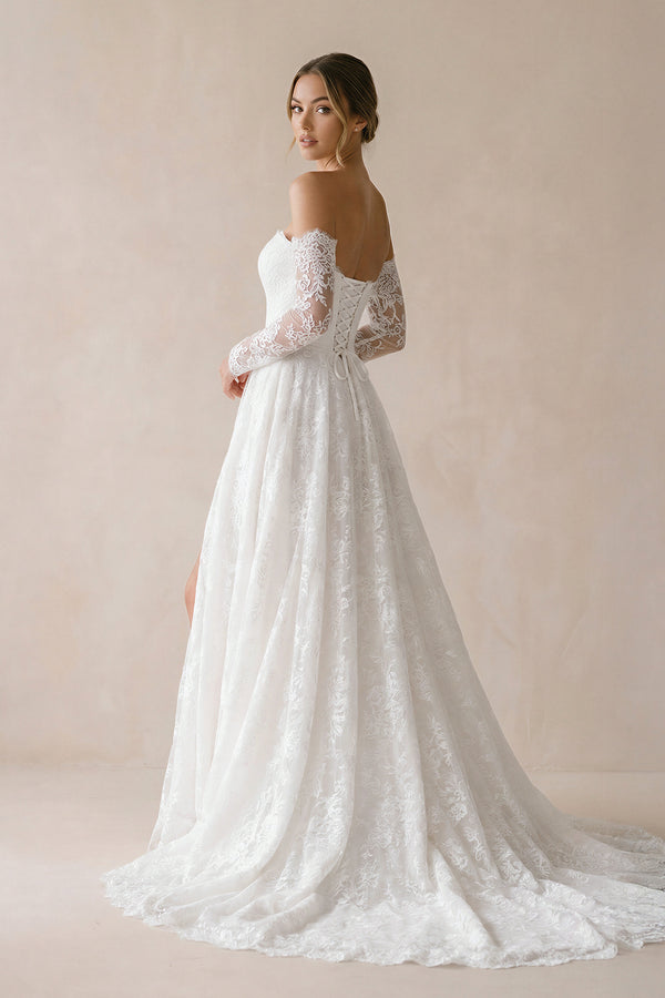 A Line Sweetheart Lace Wedding Dress With Slit in White - KISS BRIDAL Wedding Dresses