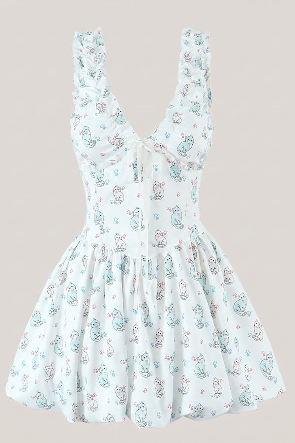 Vintage A - Line V - Neck Printed Cotton Mini Dress in White - SHE IS ME Dresses