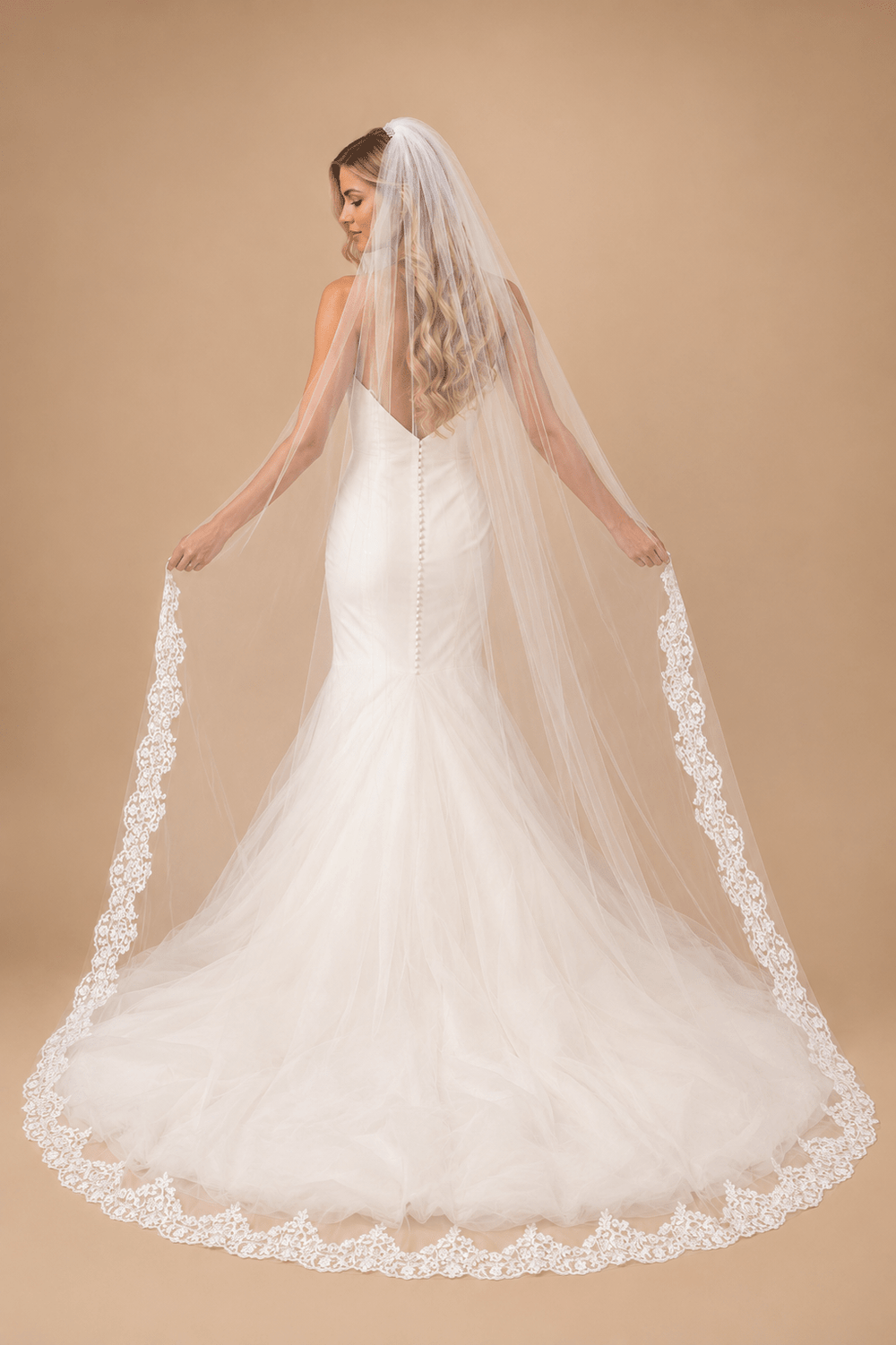Vintage Floor Length Lace Appliques Long Chapel Veils Wedding Veils in Ivory - SHE IS ME Wedding Veils