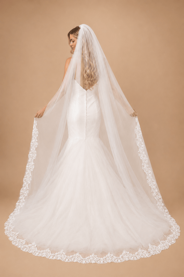 Vintage Floor Length Lace Appliques Long Chapel Veils Wedding Veils in White - SHE IS ME Wedding Veils