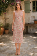 Vintage Flower V - Neck Printed Cotton Midi Dress in Red - SHE IS ME Dresses