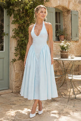 Vintage Halter Cotton Midi Dress in Blue - KISS BRIDAL Dresses