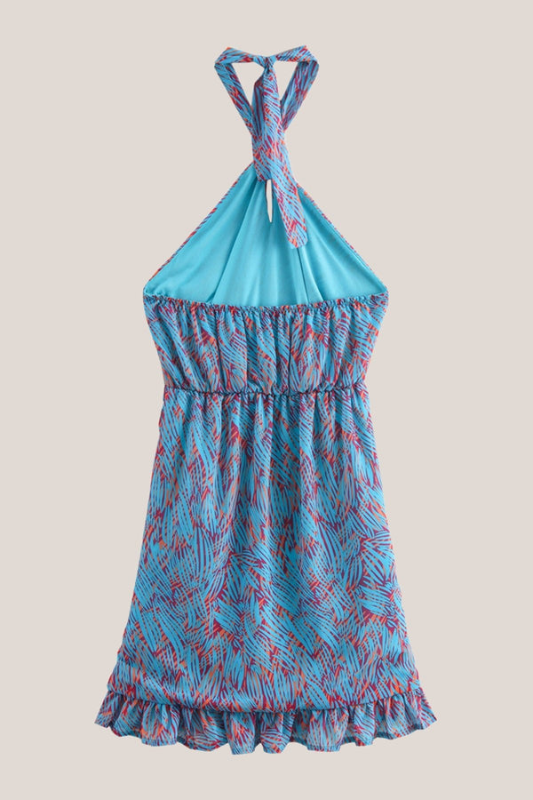 Vintage Halter Sheath Printed Cotton Mini Dress in Blue - SHE IS ME Dresses