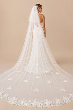 Vintage Lace Cute Appliques Long Chapel Veils Wedding Veil in White - SHE IS ME Wedding Veils