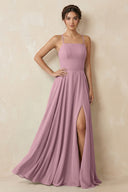 Vintage Mauve A-Line Chiffon Bridesmaid Dress With Slit | KISSBRIDAL