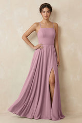 Vintage Mauve A-Line Chiffon Bridesmaid Dress With Slit | KISSBRIDAL
