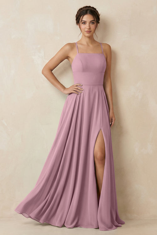 Vintage Mauve A-Line Chiffon Bridesmaid Dress With Slit | KISSBRIDAL