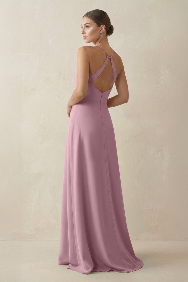 Vintage Mauve A-Line Chiffon Long Bridesmaid Dress With Slit (2) | KISSBRIDAL