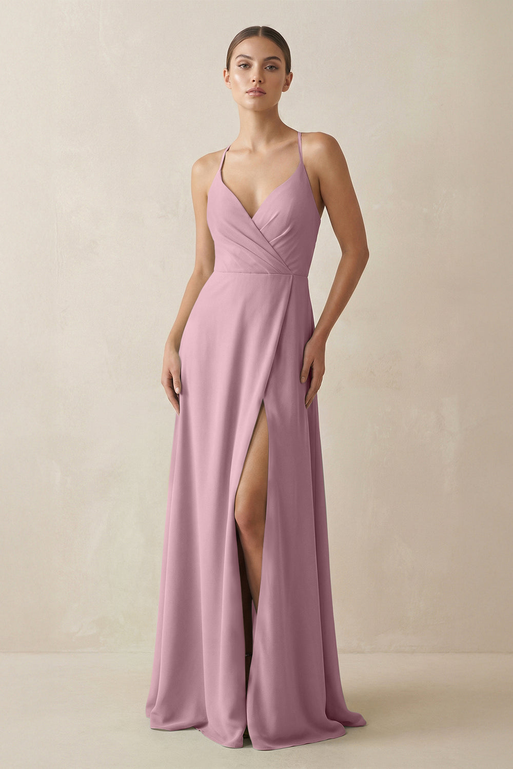 A-Line Chiffon Long Bridesmaid Dress With Slit in Vintage Mauve
