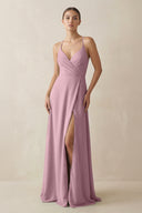 Vintage Mauve A-Line Chiffon Long Bridesmaid Dress With Slit | KISSBRIDAL