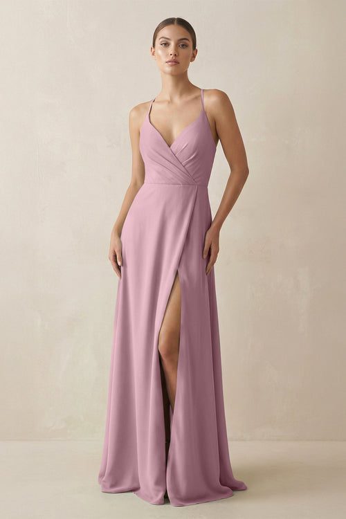 Vintage Mauve A-Line Chiffon Long Bridesmaid Dress With Slit | KISSBRIDAL