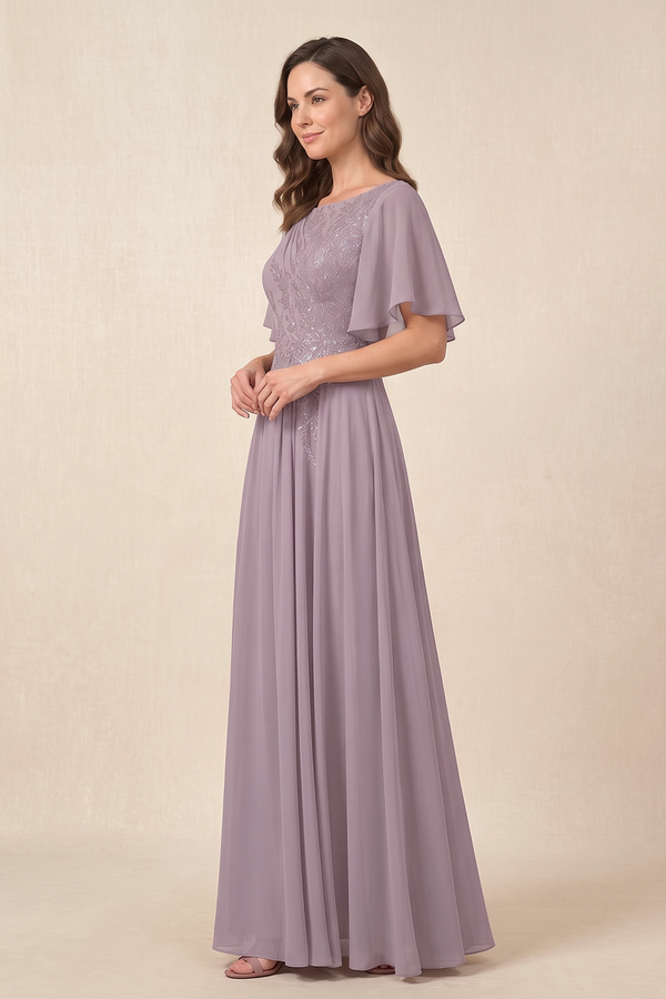 Vintage Mauve A-Line Embroidered Flutter Sleeves Chiffon Mother of the Bride Dress (3) | KISSBRIDAL