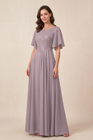 Vintage Mauve A-Line Embroidered Flutter Sleeves Chiffon Mother of the Bride Dress | KISSBRIDAL