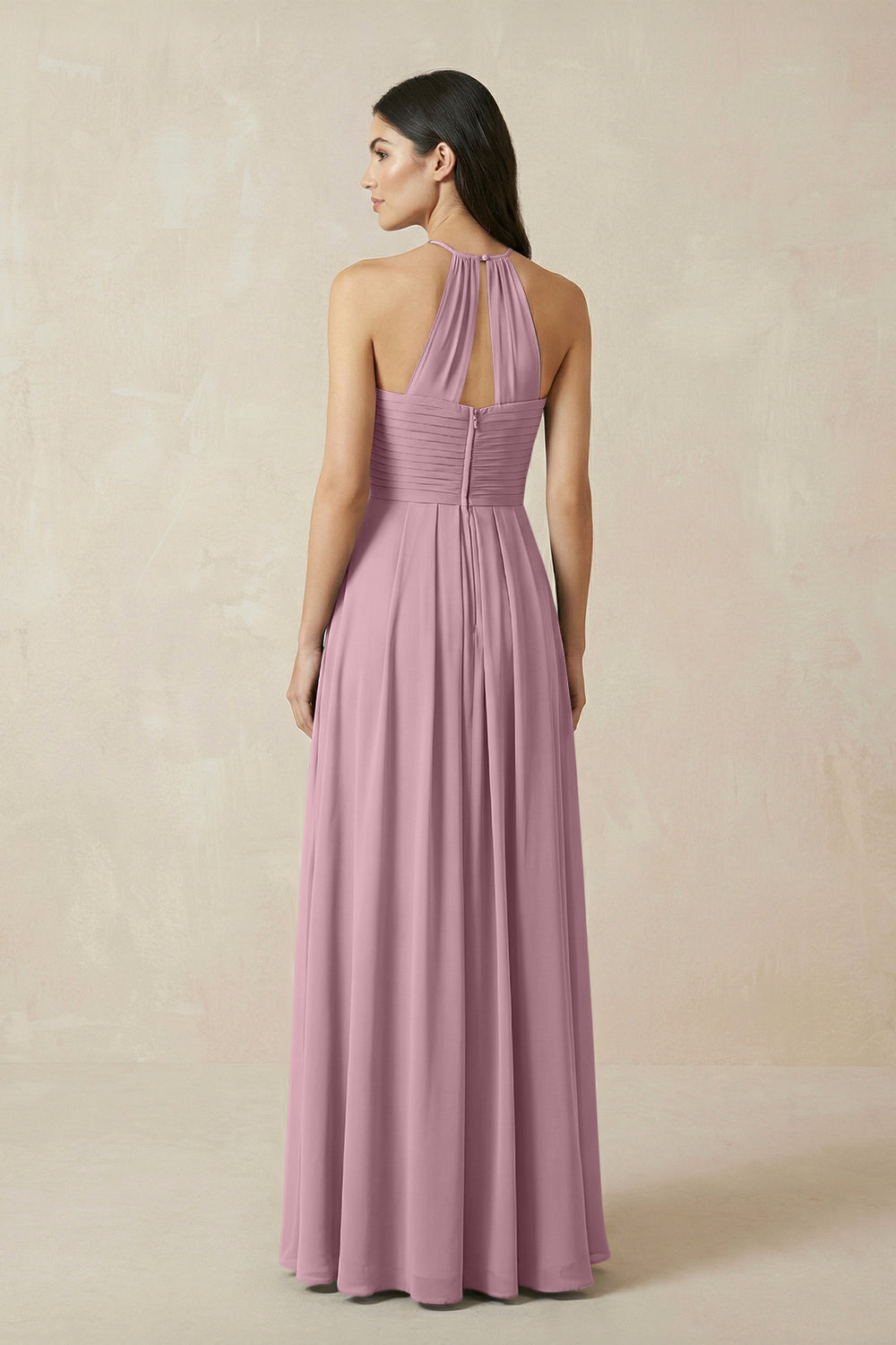 A-Line Halter Neck Pleated Chiffon Bridesmaid Dress in Vintage Mauve