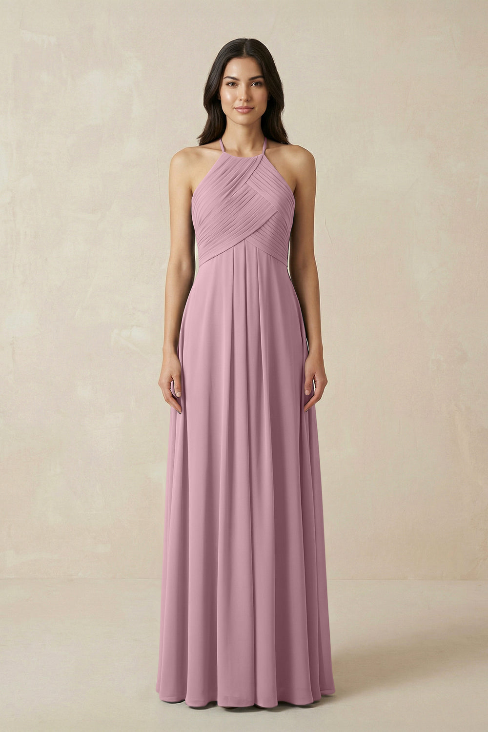 A-Line Halter Neck Pleated Chiffon Bridesmaid Dress in Vintage Mauve