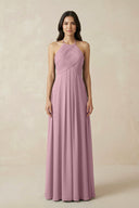 Vintage Mauve A-Line Halter Neck Pleated Chiffon Bridesmaid Dress | KISSBRIDAL