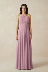 Vintage Mauve A-Line Halter Neck Pleated Chiffon Bridesmaid Dress | KISSBRIDAL